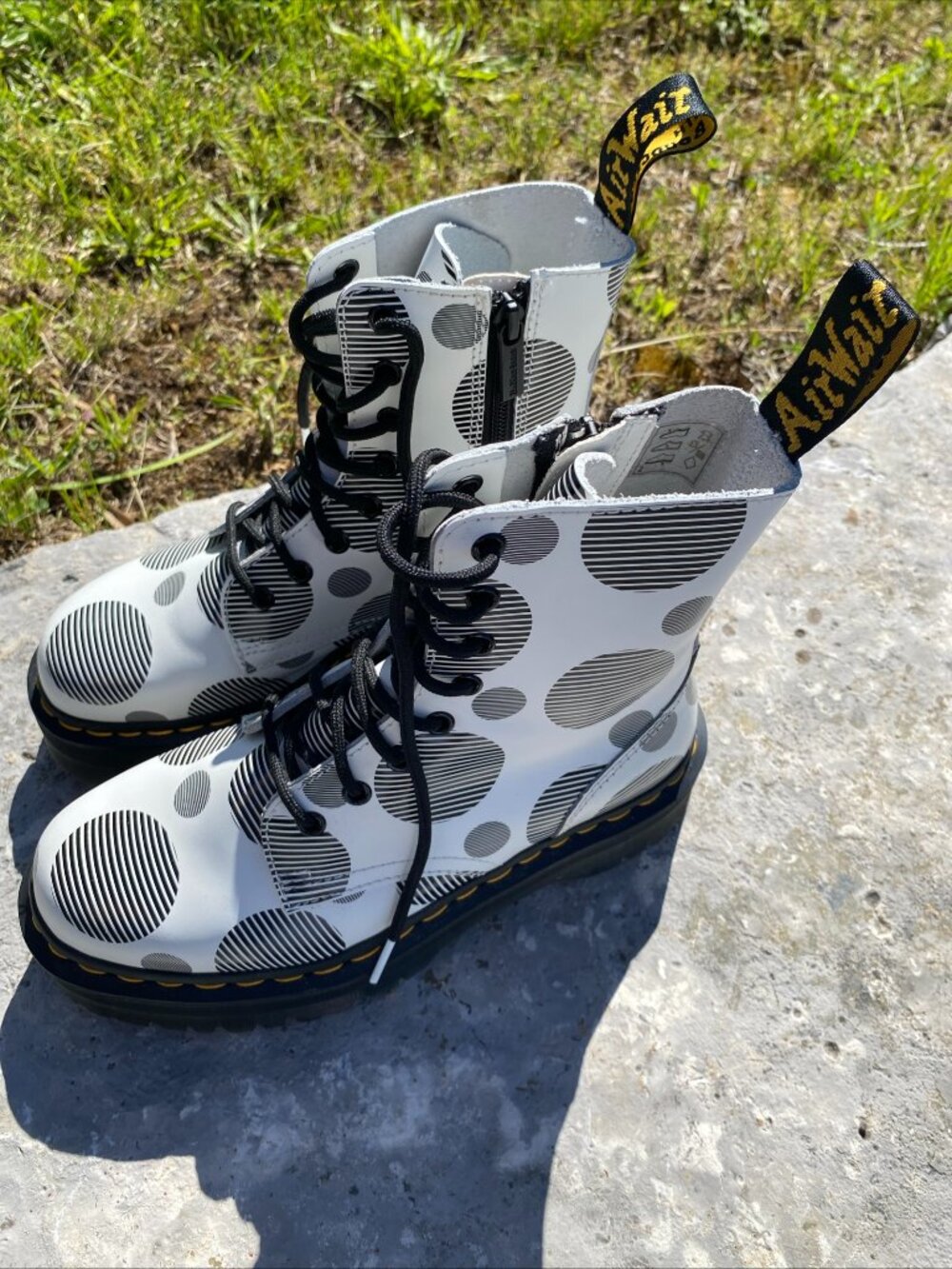 Dr. Martens Polka Dot Platform Combat Boots White Black Leather Women’s Size 8